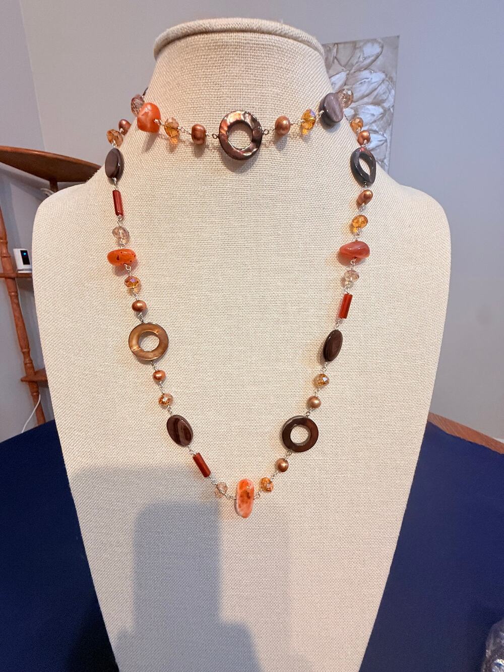 Carnelian Agate MOP Pearl Czech Glass Necklace 38”